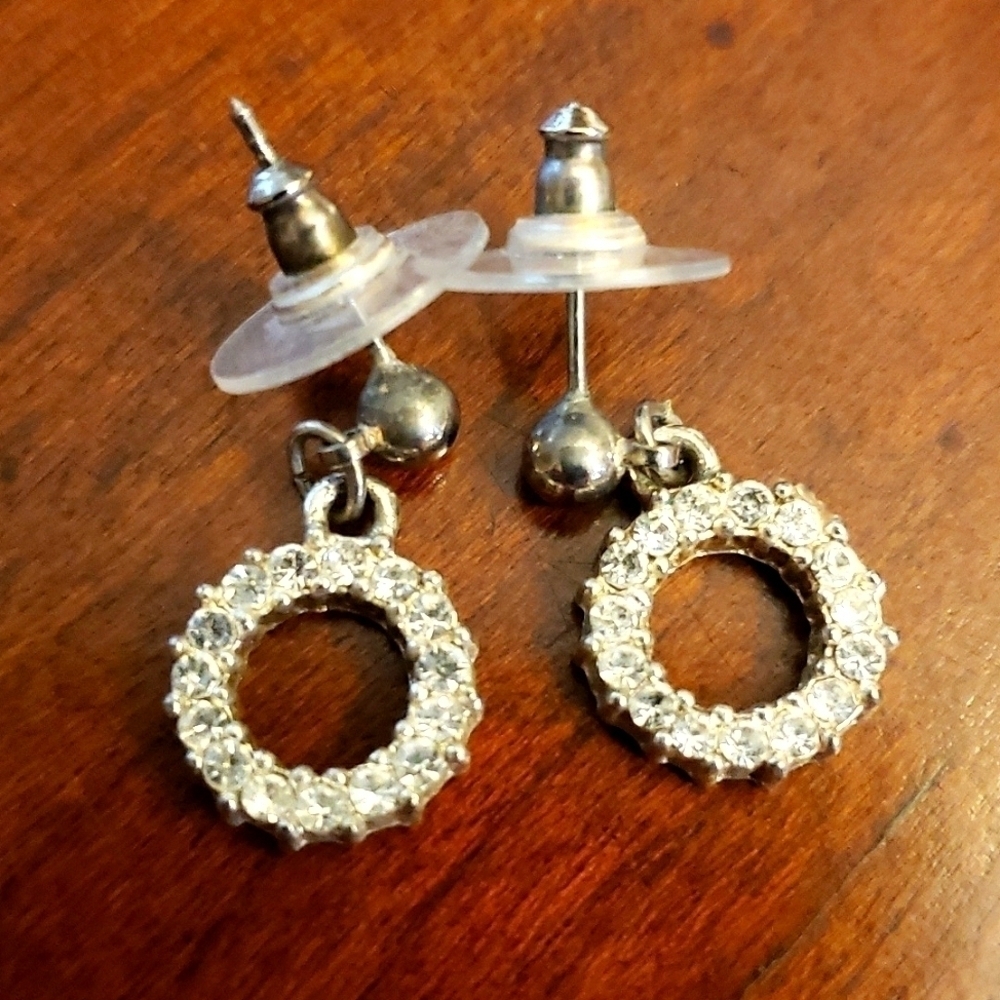 FAUX Diamond Crystal Circle Earrings Post 1/2" Silver EUC